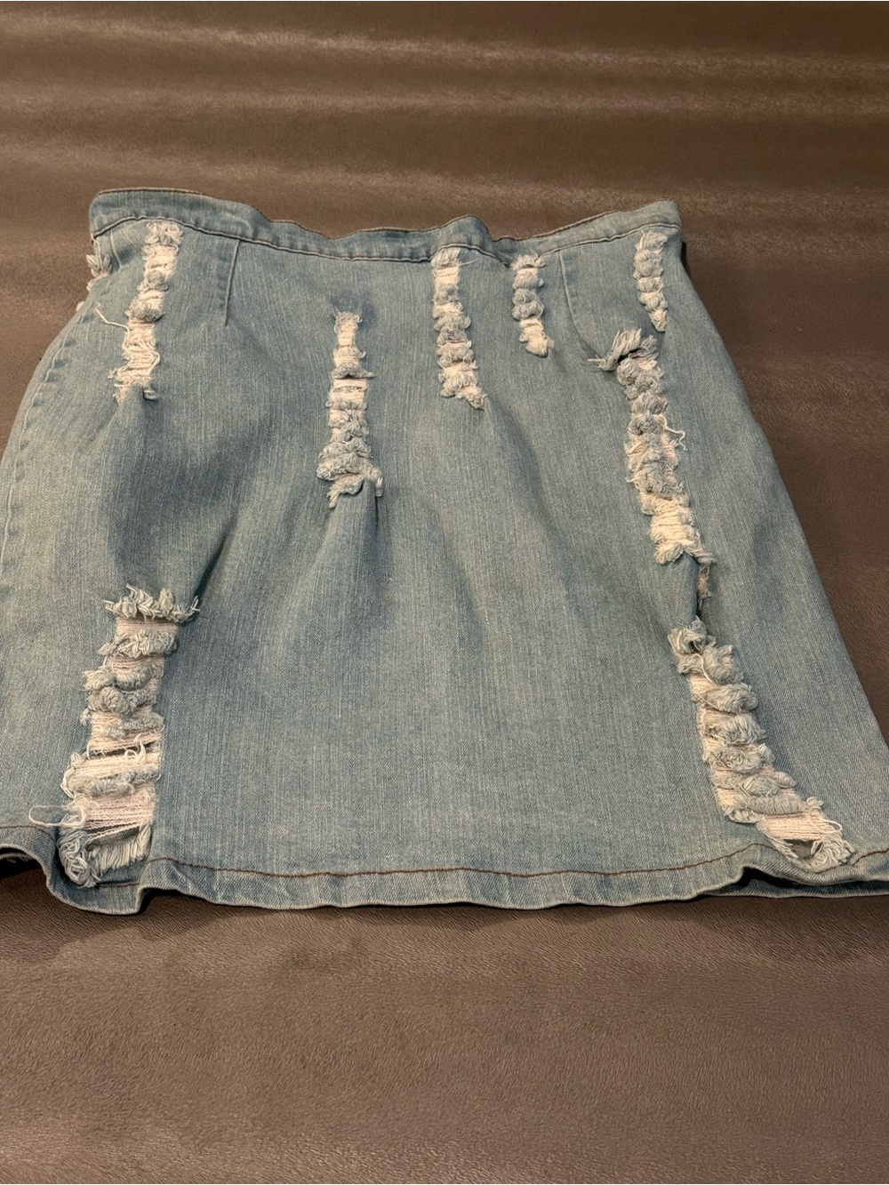 Distressed Light Blue Denim Mini Skirt. Size L